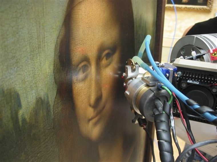 Leonardo da Vinci's "Mona Lisa" is examined with a noninvasive technique called X-ray fluorescence spectroscopy to study the thickness of paint layers and their chemical composition.